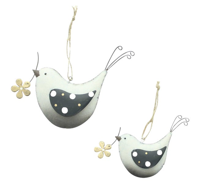 FRANK FLECHTWAREN | Hänger Vogel mit Blume, 2er Set, METALL, JUTE, 13,5 x 2,5 x 9,5 cm, 18 x 3 x 12,5 cm