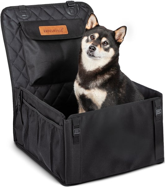 Schwarze Hundeautositzerhöhung mit Hund und Rudelkönig Logo