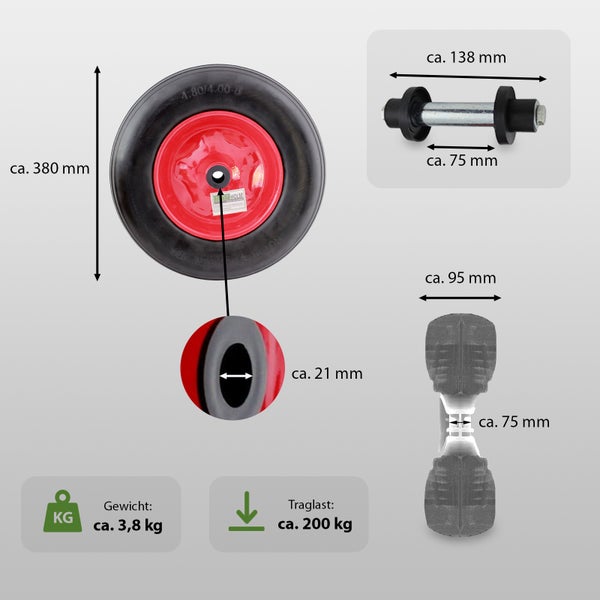 Schubkarrenrad aus Vollgummi mit Stahlfelge, Durchmesser 380 Millimeter, Achsbohrung 21 Millimeter, Traglast 200 Kilogramm, inklusive Achse.