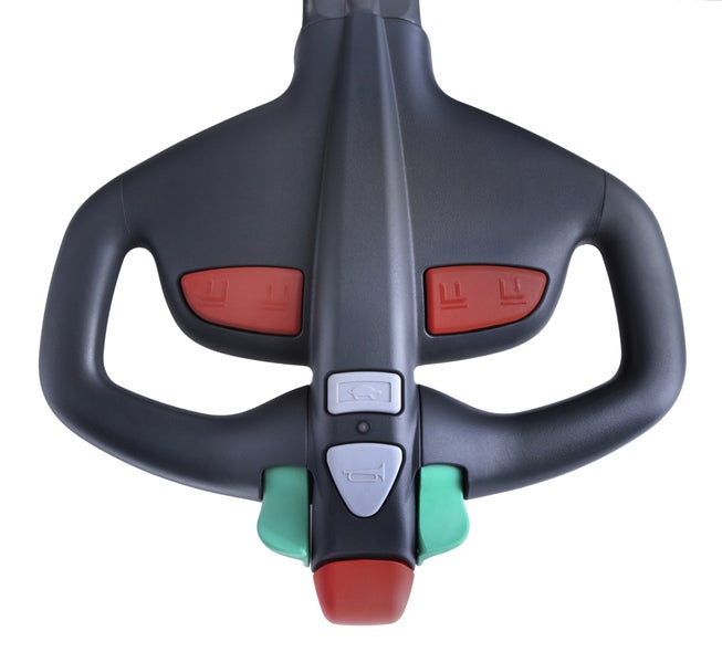 Bedieneinheit aus Kunststoff für elektrischen Hubwagen mit Tasten für Hub- und Senkfunktion, Hupe, Fahrsteuerung und Not-Aus-Schalter.