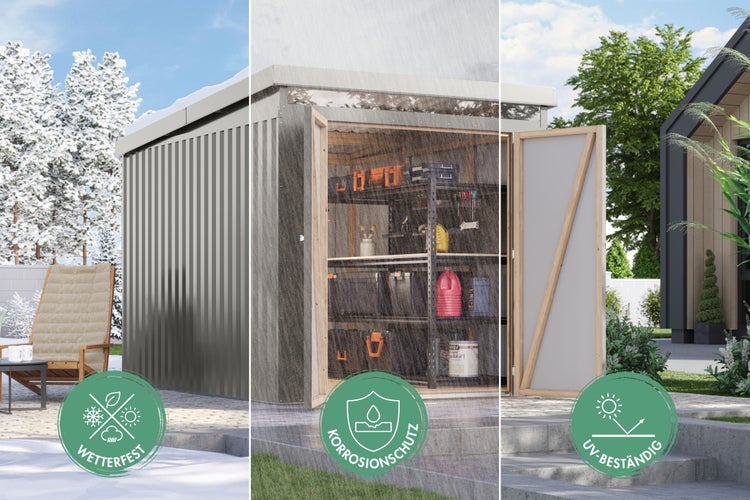 Metall-Gerätehaus in Schnee, Regen und Sonne mit Symbolen für Wetterfestigkeit, Korrosionsschutz und UV-Beständigkeit.