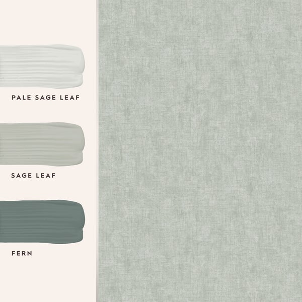 Tapete mit Textilstruktur in moderner Optik inklusive Farbmusterübersicht der Serie Pale Sage Leaf, Sage Leaf und Fern.