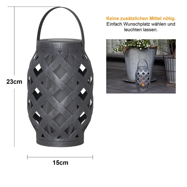 Dekorative graue Solar Laterne mit Henkel, 23 cm hoch und 15 cm breit