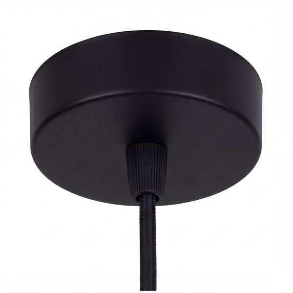Schwarzer runder Deckenbaldachin für Pendelleuchten mit Textilkabel.