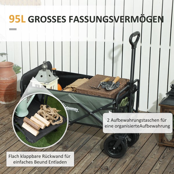 Outsunny Gartenwagen 120 kg belastbar, klappbar Transportwagen mit herausnehmbare Plane, Griff, Rädern, Lenkachse, Bollerwagen Handwagen Gartenkarre 95 Liter Gerätewagen für Haus Garten, Grün