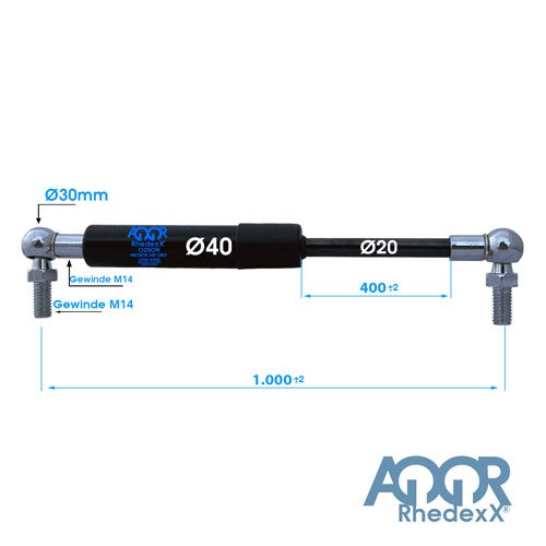 Gasdruckfeder RhedexX: Durchmesser 40 Millimeter, Hub 400 Millimeter, Gesamtlänge 1000 Millimeter, Gewinde M14. RhedexX Logo.