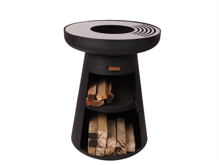 Feuerstelle mit Holzfach für den Garten