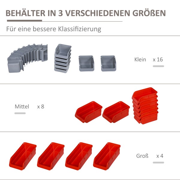 DURHAND, Wandregal mit Stapelboxen, Werkzeuglochwand, 54B x 22T x 95H cm, Kunststoff, Rot
