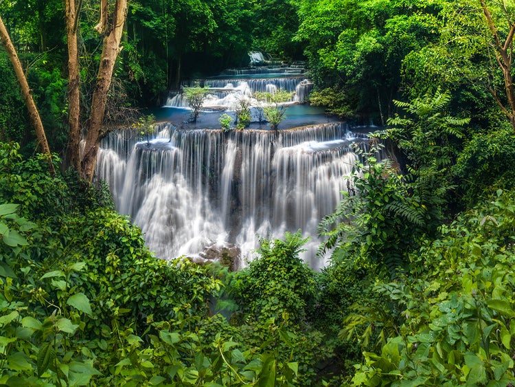 Mehrstufiger Wasserfall inmitten üppiger grüner Vegetation