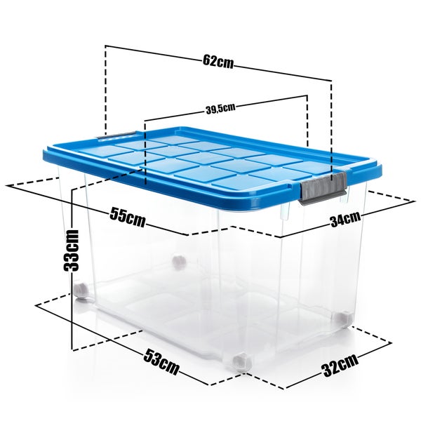 BigDean 4 Stück 60 L Aufbewahrungsbox mit Deckel groß azurblau - stapelbare robuste Box BPA-frei - rollbare Stapelbox mit festen Klickverschlüssen - Made in Germany