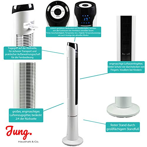 JUNG TVE24 Turmventilator 120cm mit Fernbedienung, Ventilator, Säulenventilator, Luftkühler 45W