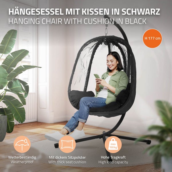 ML-Design Hängesessel mit Gestell und Sitzkissen, Schwarz, H177 cm, X-förmige Basis, Indoor & Outdoor, Hängesesselgestell mit Hängestuhl, Hängekorb Gestell aus Stahl, Hängeschaukel für Garten & Balkon