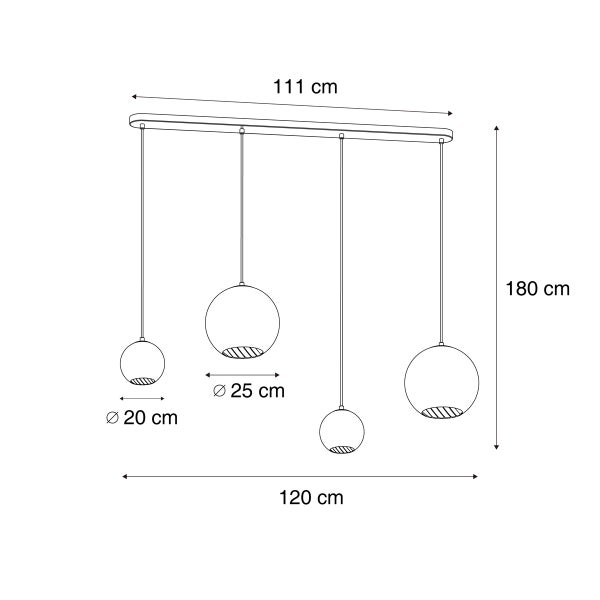 Technische Zeichnung einer Pendelleuchte mit vier runden Lampenschirmen und Maßangaben
