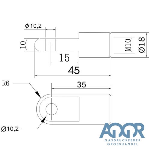 Rhedexx Gasdruckfeder: Länge 185 Millimeter, Hub 60 Millimeter, Durchmesser 15 und 6 Millimeter, Kraft 50 bis 450 Newton, Gewinde M6.