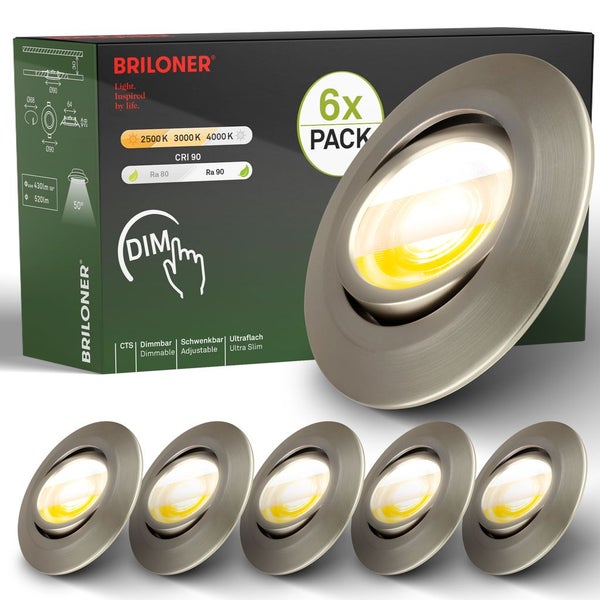 Sechserpack Briloner LED Einbaustrahler schwenkbar und dimmbar mit Produktverpackung