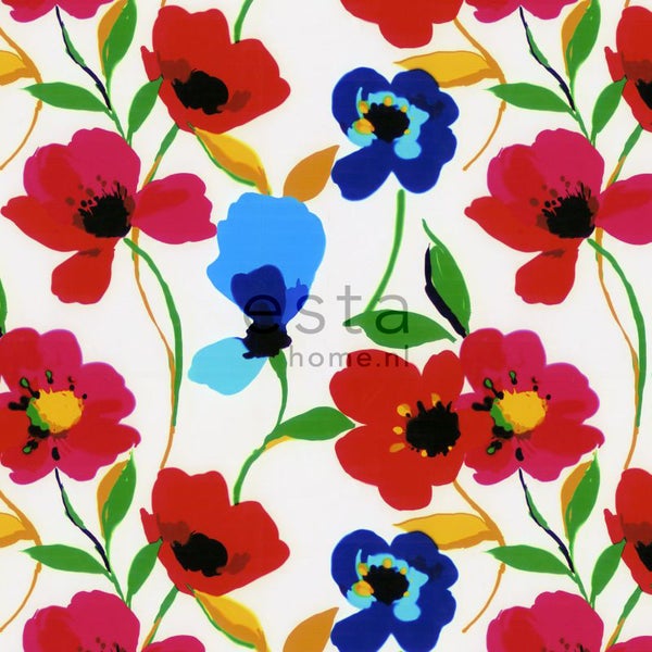 ESTAhome Fototapete Mohnblumen Rot, Blau, Gelb und Grün - 279 cm x 279 m - 158007