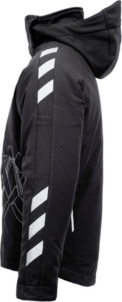 Schwarze Softshell-Arbeitsjacke mit Kapuze und reflektierenden Elementen am Ärmel.