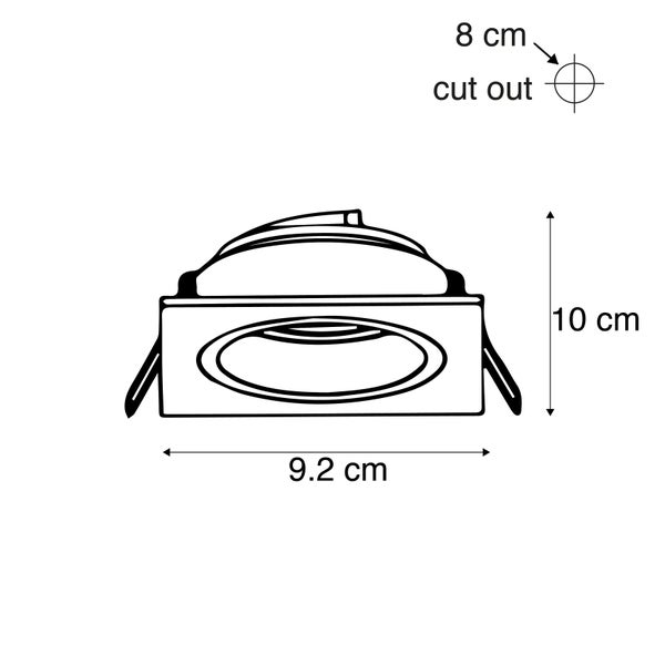 Technische Zeichnung eines Einbaustrahlers mit Maßen: Höhe 10 Zentimeter, Breite 9,2 Zentimeter und Lochausschnitt 8 Zentimeter.