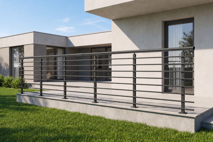 Modernes Geländersystem aus Metall auf einer Terrasse vor einem Wohnhaus mit Rasenfläche und großen Fensterfronten.