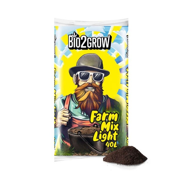Bio2Grow Farm Mix Light Blumenerde im 40 Liter Sack mit einer kleinen Menge Erde daneben.