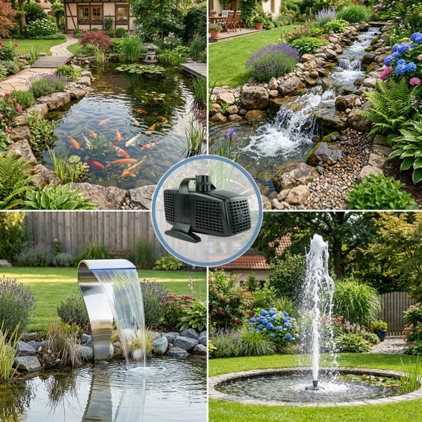 Collage einer Teichpumpe und ihrer Anwendungen: Koiteich, Wasserfall aus Steinen, Edelstahl-Wasserfall und Springbrunnen im Garten.