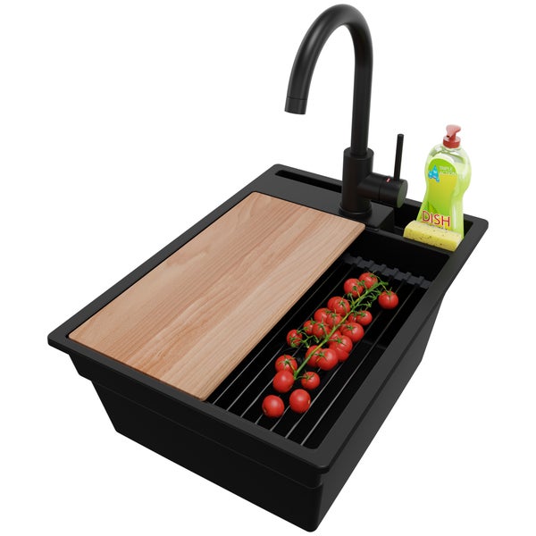 PRIMAGRAN Granitspüle Alles Schwarz 38x53cm, Spülbecken 1 Becken + Küchenarmatur 32x20cm + Ablauf-Set + Küchenzubehörset, Küchenspüle ab 40er Unterschrank - Oslo Pocket