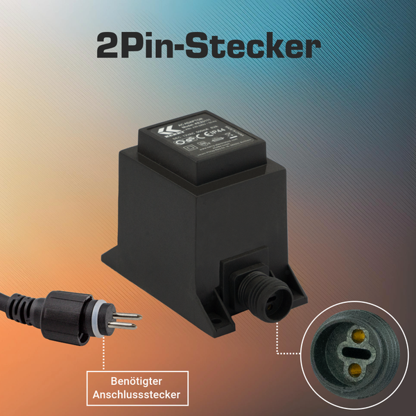Netzteil mit 2-Pin-Stecker und Anschlussbuchse, Schutzart IP44 für den Außenbereich.
