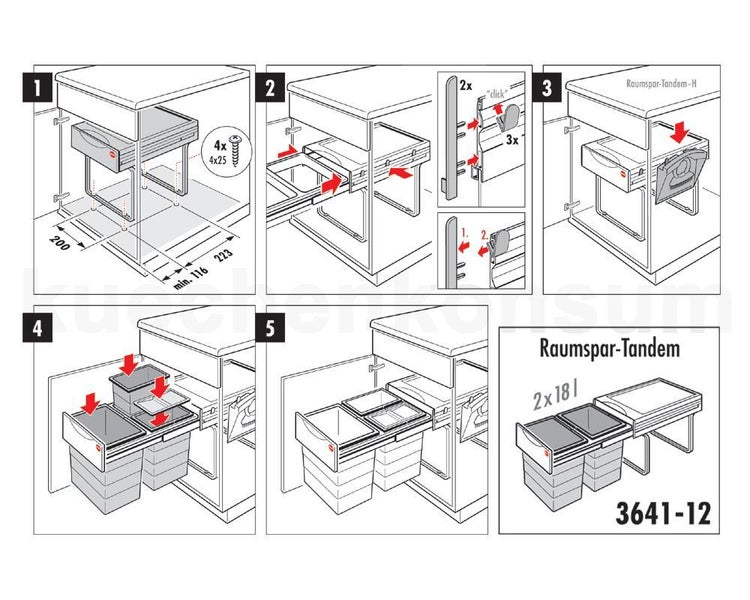 Montageanleitung für das Mülltrennsystem Raumspar-Tandem mit zwei 18 Liter Eimern, dargestellt in fünf Schritten.