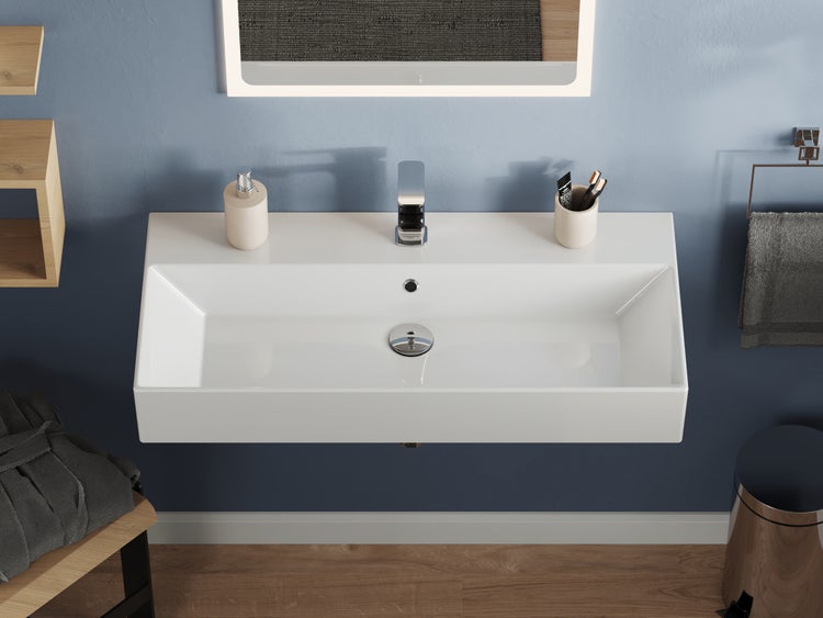 Aqua Bagno Loft KS.90 Waschtisch 90x42 cm – Keramik, Weiß Hochglanz, mit Hahnloch & Überlauf, wandhängend oder als Aufsatzwaschbecken