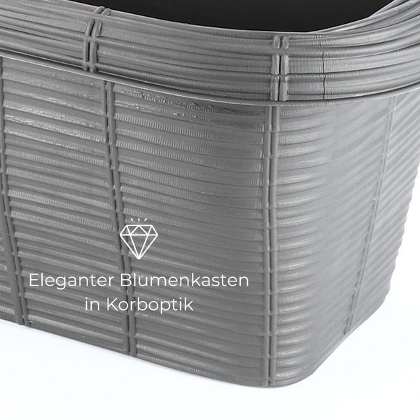Geländerkasten 60 Rattan Geflecht Optik Balkonkasten für Geländer Blumenkasten inkl. Halterung weiß