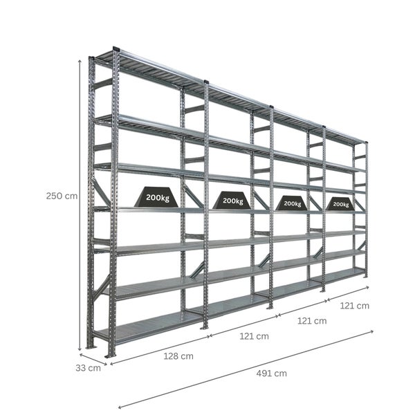 Metallregal mit mehreren Ebenen und den Maßen 250 cm Höhe, 491 cm Breite und 33 cm Tiefe, Fachlast 200 kg