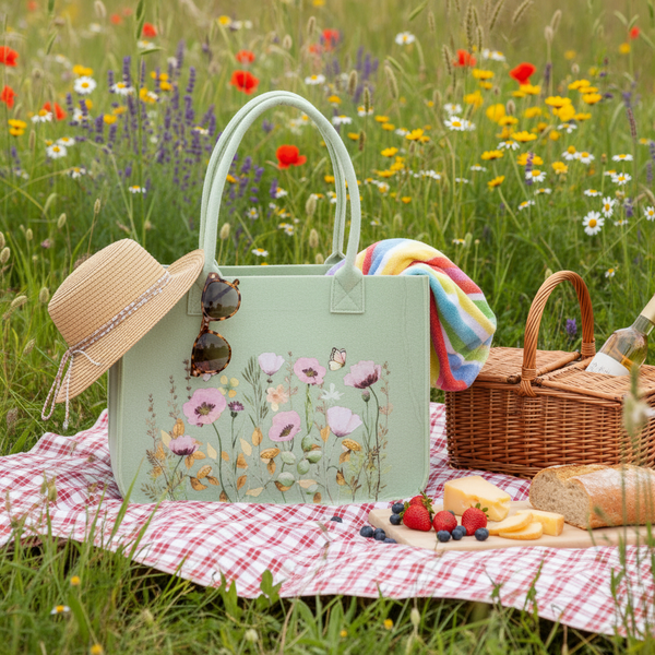 Filztasche mit Blumenmotiv in einer Picknick-Szene auf einer Blumenwiese mit Strohhut, Picknickkorb, Brot und Käse auf einer karierten Decke.