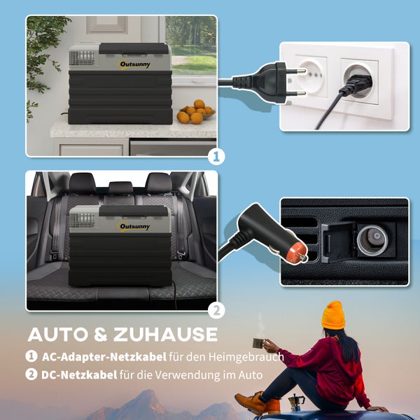 Outsunny Kompressor Kühlbox 56L, Kühlbox Auto 12/24V DC & 240V AC bis -20°C, Tragbar Gefrierbox mit ECO/MAX Modi, Mini Kühlschrank mit Teleskopstange, Rad, für Camping, Lkw, Boot und Steckdose
