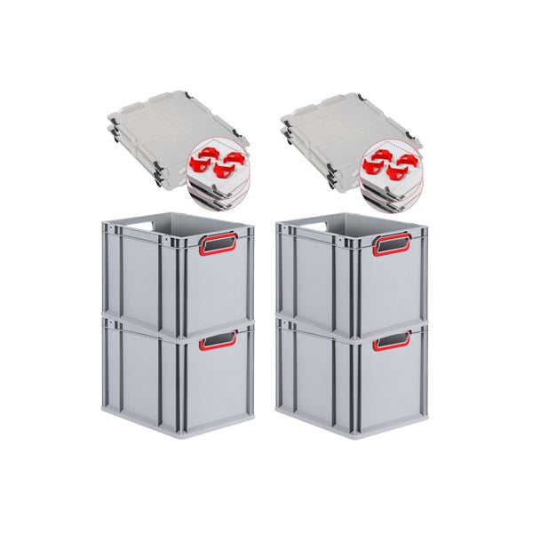 PROREGAL Spar Set 4x Eurobox Nextgen Color Mit Auflagedeckel & Schiebeschnappverschlüsse HxBxT 32 x 30 x 40 cm Griffe Rot Offen Glatter Boden