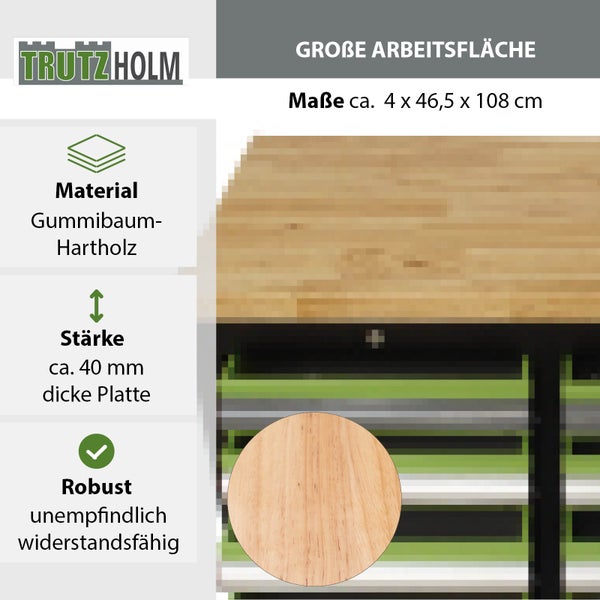 Informationen zu Material, Größe und Robustheit der TrutzHolm Arbeitsfläche