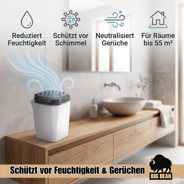 Luftentfeuchter auf einem Holzschrank im Badezimmer. Icons zeigen Feuchtigkeitsreduktion, Schimmelschutz, Geruchsneutralisierung und 55 Quadratmeter.