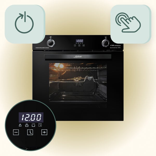 Einbau Backofen mit Kaiser Logo, elektronischer Timer Steuerung und Symbolen für automatische Funktionen sowie Touch Bedienung.