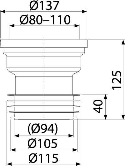 Maßzeichnung eines Toilettenanschlusses mit verschiedenen Durchmessern und einer Gesamthöhe von 125 Millimetern.