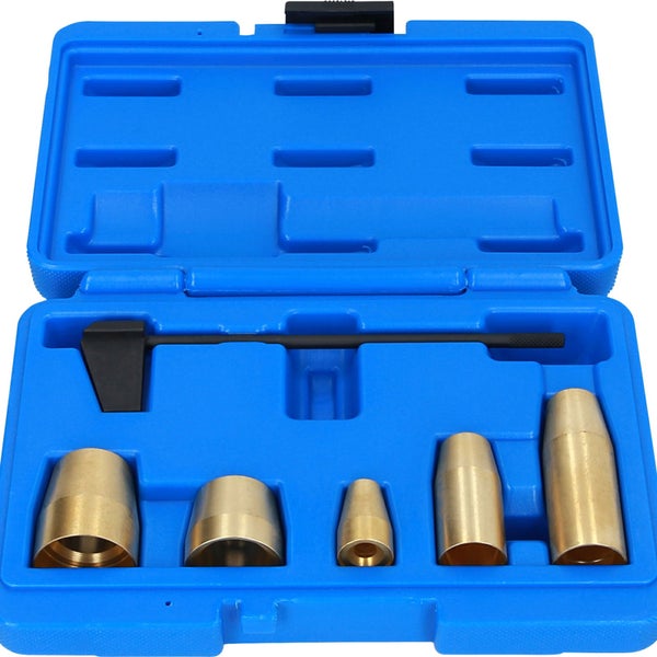 Ventilführungs-Austreiber-Satz mit Führungen aus Messing in blauem Koffer