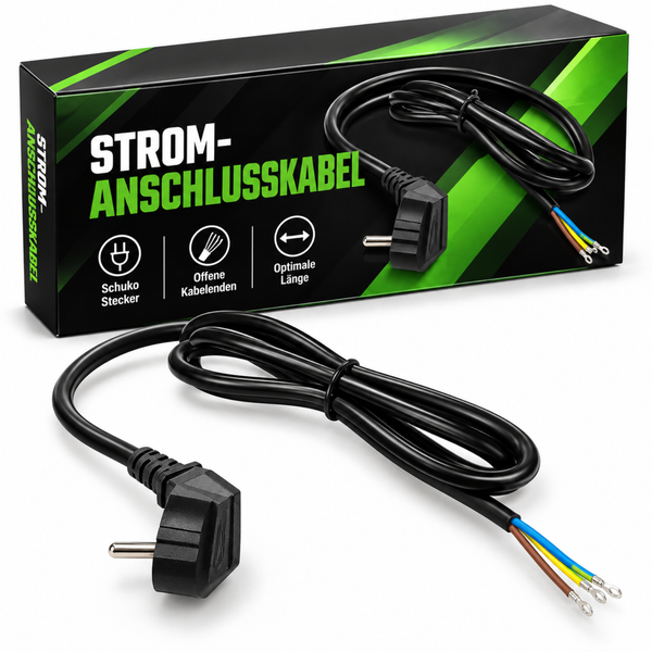 Stromanschlusskabel mit Schuko Stecker und offenen Kabelenden für den elektrischen Anschluss vor dem Produktkarton liegend