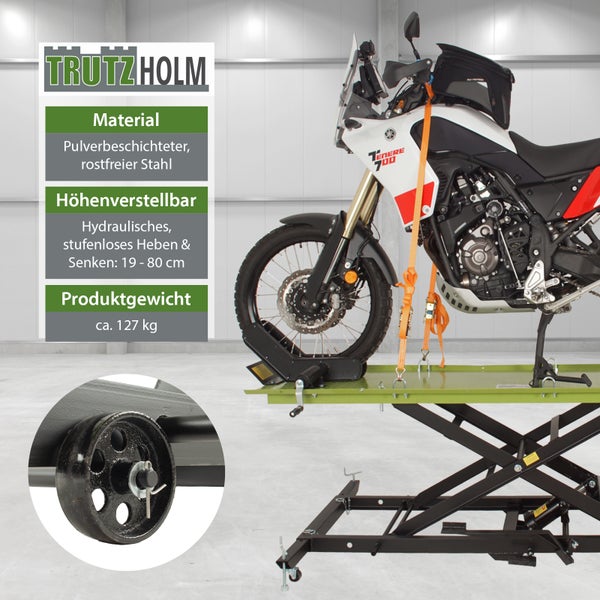 Hydraulische Motorradhebebühne XL 560 kg Scherenhub Breite 60,5 cm Motorradheber in Schwarz/Grün