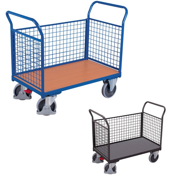 Variofit Plattformwagen mit drei Gitterwänden aus Drahtgitter, zwei Schiebegriffen und vier Rollen.