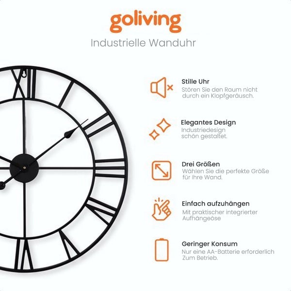 Goliving Wanduhr Industrial - Geräuschloses Uhrwerk - Moderne Wanduhr - Metall - Ø 60 cm - Schwarz