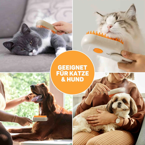 Dampf-Tierhaarbürste in Anwendung bei einer Katze und einem Hund zur Pflege von Fell sowie Unterwolle, geeignet für Katze und Hund.
