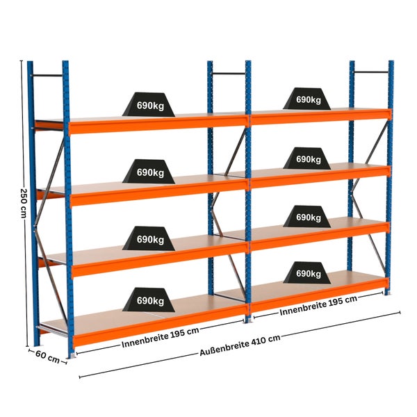 Abmessungen eines Schwerlastregals mit sechs Fächern und einer Traglast von 690 Kilogramm pro Fach