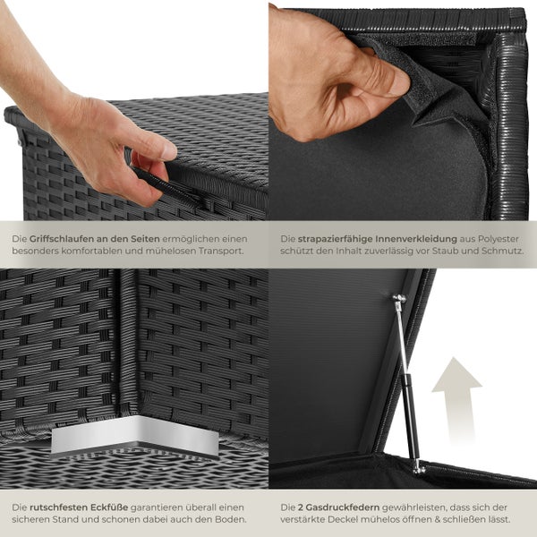 Auflagenbox tectake Oslo 145 x 82,5 x 79,5 cm mit Aluminiumgestell und Rattangeflecht schwarz