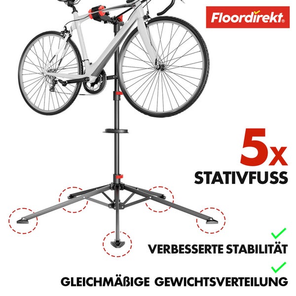 Fahrrad auf Montageständer mit fünf Stativfüßen für verbesserte Stabilität und gleichmäßige Gewichtsverteilung