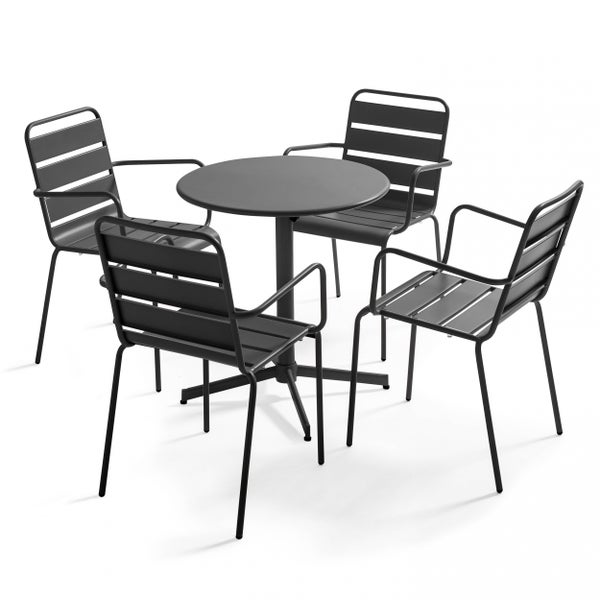 Modernes Gartenmöbel-Set bestehend aus einem runden Tisch und vier Metallstühlen.
