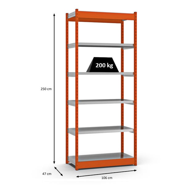 PROREGAL Fachbodenregal Stecksystem Vierkant-Profil Grundregal HxBxT 250 x 102,5 x 40 cm 6 Ebenen Einseitige Bauart Fachlast 200 kg Orange