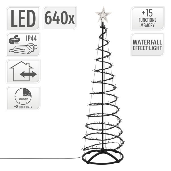 LED Weihnachtsbaum in Spiralform mit 640 LEDs, Sternspitze, 15 Leuchtfunktionen mit Memory, Timer und Spritzwasserschutz IP44 für Innen und Außen.